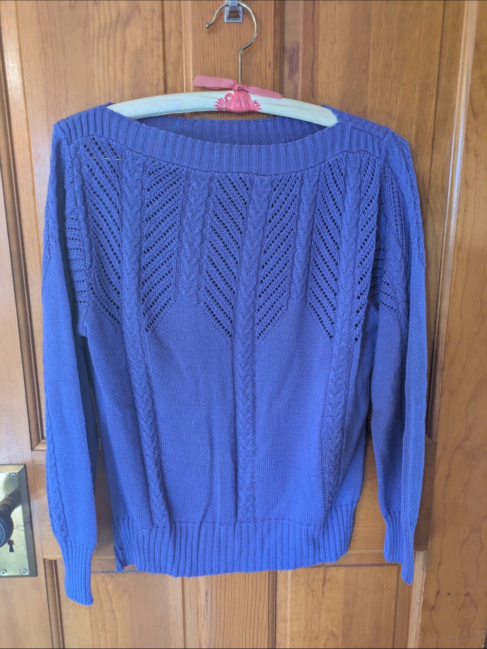 Women's Purple Knit Crewneck Sweater - Classic Openwork Detail